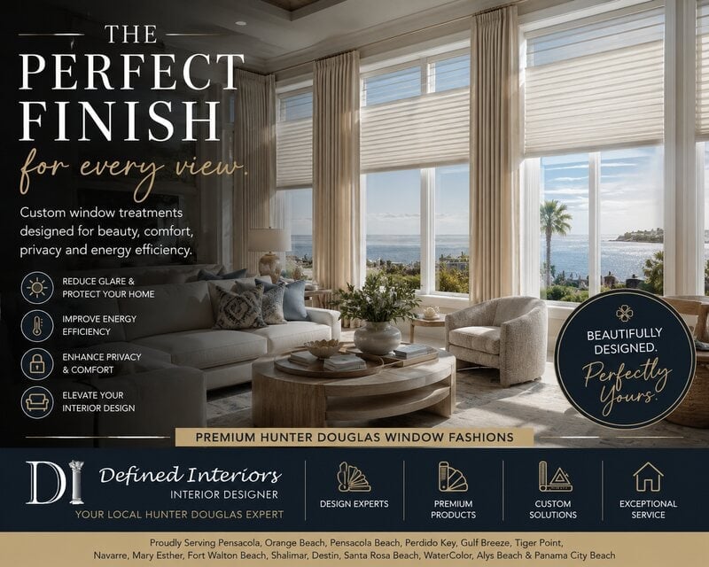 Elegant coastal living room with custom Hunter Douglas window treatments overlooking palm trees and ocean