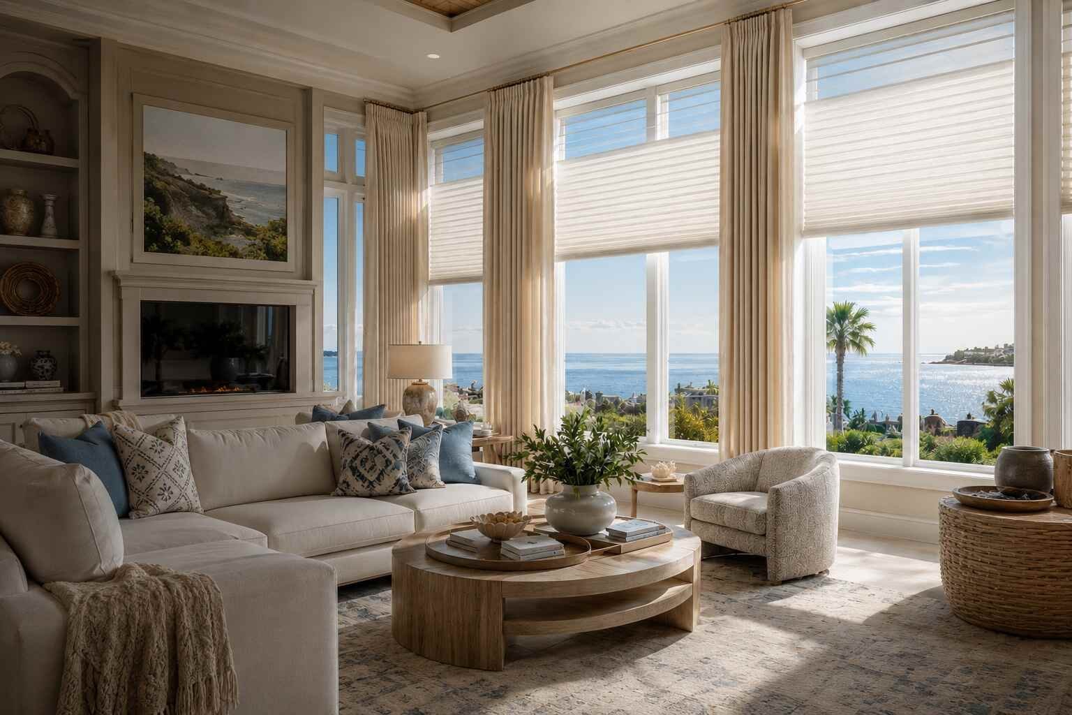 Elegant coastal living room with beige sofa, floor-to-ceiling windows overlooking ocean view, wooden coffee table, and neutral decor